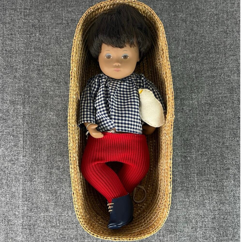SASHA DOLL BABY White Bird Brown Hair 12in Girl Doll Basket Outfit Set